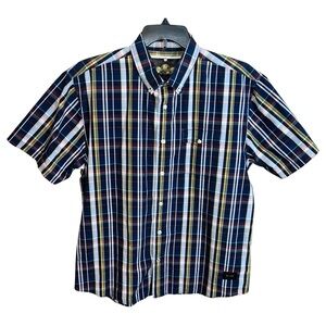 Nautica Shirt Men’s Size L Blue Yellow Plaids Button Front Short Sleeve
